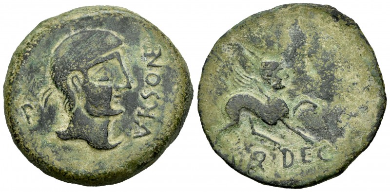 Ursone. As. 50 a.C. Osuna (Sevilla). (Abh-2503 variante). Anv.: Cabeza masculina...