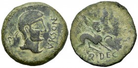 Ursone. As. 50 a.C. Osuna (Sevilla). (Abh-2503 variante). Anv.: Cabeza masculina a derecha con láurea, delante VRSONE, detrás letra. Rev.: Esfinge a d...
