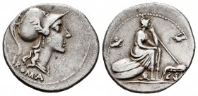 Anónima. Denario. 115-114 d.C. Italia Central. (Ffc-83). (Craw-278/1). (Cal-58). Rev.: Roma con cetro sentada a derecha sobre dos escudos, enfrente lo...