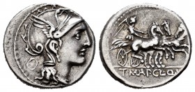 Mallia. Denario. 110-110 a.C. Roma. (Ffc-834). (Craw-299/1b). (Cal-919). Anv.: Cabeza de Roma a derecha, detrás círculo. Rev.: Victoria en triga a der...