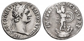 Domiciano. Denario. 90 d.C. Roma. (Spink-2734). (Ric-147). (Ch-261). Rev.: IMP XXI COS XV CENS P P P. Minerva en pie, avanzando a derecha sobre proa, ...