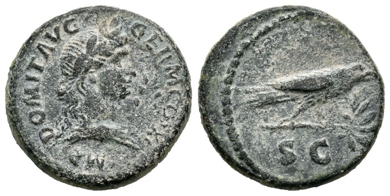 Domiciano. Cuadrante. 81-96 d.C. Roma. (Ric-715). Anv.: Cabeza laureada de Apolo...