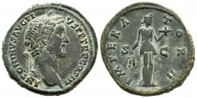 Antonino Pío. Sestercio. 143. Roma. (Spink-4181). (Ric-716a). Rev.: IMPERATOR II SC. Felicidad estante con plato de fruta y dos espigas. Ae. 29,82 g. ...