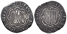Corona de Aragón. Jaime II (1291-1327). Pirral. Sicilia. (Cru-353). Ag. 3,01 g. Flor de cinco pétalos encima del escudo. Grieta. Tono. MBC+. Est...150...