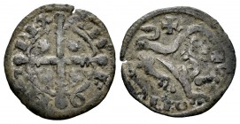 Reino de Castilla y León. Alfonso IX (1188-1230). Dinero. León. (Bautista-214.1). Ve. 0,85 g. Cruz encima y delante del león. MBC. Est...60,00. // ENG...