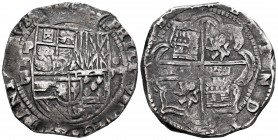 Felipe II (1556-1598). 8 reales. Potosí. B. (Cal 2008-158). (Cal 2019-672). Ag. 27,44 g. Cinco flores de lis en las armas de Borgoña. Gran parte de la...