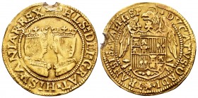 Felipe II (1556-1598). Doble ducado. Overijssel. (Vti-1491). (Vanhoudt-418 variante). Au. 6,68 g. Punto entre los bustos. Restos de soldadura. Escasa....