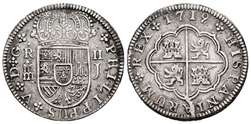 Felipe V (1700-1746). 2 reales. 1719. Segovia. J. (Cal 2019-949). Ag. 5,27 g. Le...