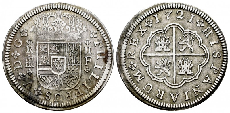 Felipe V (1700-1746). 2 reales. 1721. Segovia. F. (Cal 2019-954). Ag. 5,37 g. MB...