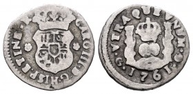 Carlos III (1759-1788). 1/2 real. 1761. Guatemala. (Cal 2019-87). Ag. 1,54 g. Muy escasa. BC+. Est...150,00. // ENGLISH: Charles III (1759-1788). 1/2 ...