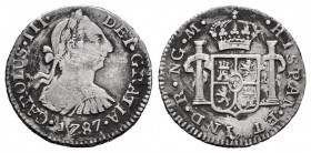 Carlos III (1759-1788). 1/2 real. 1787. Guatemala. M. (Cal 2019-108). Ag. 1,68 g. Rayas. MBC-. Est...60,00. // ENGLISH: Charles III (1759-1788). 1/2 r...