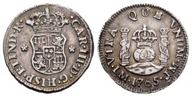 Carlos III (1759-1788). 1/2 real. 1765. Lima. JM. (Cal 2008-1694). (Cal 2019-117). Ag. 1,67 g. Tono. Escasa. EBC-. Est...100,00. // ENGLISH: Charles I...