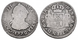 Carlos III (1759-1788). 1/2 real. 1772. Santa Fe de Nuevo Reino. VJ. (Cal 2019-269). (Restrepo-32-1). Ag. 1,37 g. Valor 1/2. Muy rara. BC-. Est...220,...
