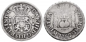 Carlos III (1759-1788). 1 real. 1762. Lima. JM. (Cal 2008-1478). Ag. 3,26 g. MBC-. Est...35,00. // ENGLISH: Charles III (1759-1788). 1 real. 1762. Lim...