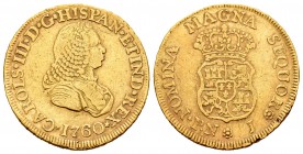 Carlos III (1759-1788). 2 escudos. 1760. Popayán. J. (Cal 2008-173). (Restrepo-58-2). Au. 6,68 g. Busto de Fernando VI. Canto liso en parte. Rara. MBC...
