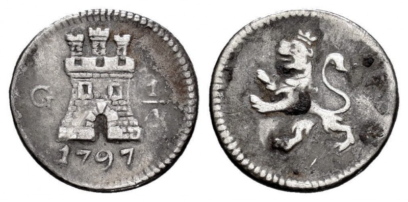 Carlos IV (1788-1808). 1/4 real. 1797. Guatemala. (Cal 2019-88). Ag. 0,83 g. Esc...