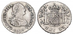 Carlos IV (1788-1808). 1/2 real. 1808. Potosí. PJ. (Cal 2019-319). Ag. 0,97 g. MBC+. Est...90,00. // ENGLISH: Charles IV (1788-1808). 1/2 real. 1808. ...