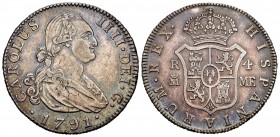 Carlos IV (1788-1808). 4 reales. 1791. Madrid. MF. (Cal 2019-777). Ag. 13,60 g. Bonito tono. MBC+. Est...150,00. // ENGLISH: Charles IV (1788-1808). 4...