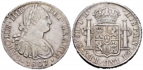 Carlos IV (1788-1808). 8 reales. 1807. México. TH. (Cal 2008-707). Ag. 26,94 g. MBC+. Est...80,00. // ENGLISH: Charles IV (1788-1808). 8 reales. 1807....