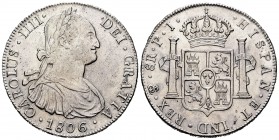 Carlos IV (1788-1808). 8 reales. 1806. Potosí. PJ. (Cal 2019-1012). Ag. 26,94 g. Ligeramente limpiada, aún así buen ejemplar. EBC-. Est...120,00. // E...