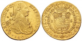 Carlos IV (1788-1808). 8 escudos. 1802. Lima. IJ. (Cal 2019-1603). (Cal onza-998). Au. 26,98 g. Busto Propio. Resello cuatrilobular en anverso. MBC. E...