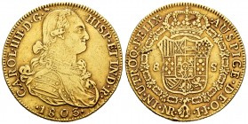 Carlos IV (1788-1808). 8 escudos. 1803. Santa Fe de Nuevo Reino. JJ. (Cal 2008-137). (Cal 2019-1742). (Cal onza-1140). Au. 26,86 g. Golpecito en el ca...