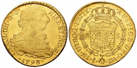 Carlos IV (1788-1808). 8 escudos. 1793. Santiago. DA. (Cal 2008-152). (Cal 2019-1758). (Cal onza-1157). Au. 27,08 g. Hoja en anverso. Brillo original....