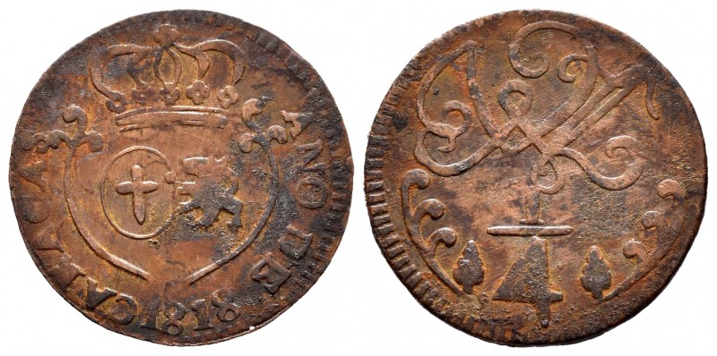 Fernando VII (1808-1833). 1/4 real. 1818. Caracas. (Cal 2019-68). Ae. 1,97 g. Er...