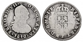 Fernando VII (1808-1833). 1/2 real. 1812. Santa Fe de Nuevo Reino. JF. (Cal 2019-449). (Restrepo-106-6). Ag. 1,58 g. Error en la marca de ceca: MR en ...