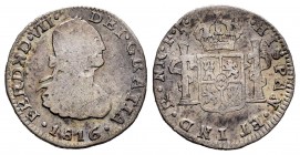 Fernando VII (1808-1833). 1/2 real. 1816. Santa Fe de Nuevo Reino. FJ. (Cal 2019-445). (Restrepo-106-7). Ag. 1,60 g. Escasa. BC-. Est...60,00. // ENGL...