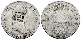 Fernando VII (1808-1833). Resello de Vique (1841) sobre un 2 reales de Sevilla 1825. (De Mey-481). Ag. 5,63 g. MBC. Est...40,00. // ENGLISH: Ferdinand...