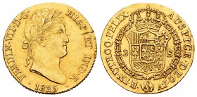 Fernando VII (1808-1833). 2 escudos. 1825. Madrid. AJ. (Cal 2008-222). (Cal 2019-1631). Au. 6,75 g. Roce en anverso junto al canto. EBC-. Est...300,00...