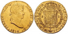 Fernando VII (1808-1833). 8 escudos. 1814. Lima. JP. (Cal 2008-20). (Cal 2019-1761). (Cal onza-1220). Au. 27,02 g. Hojitas. MBC+. Est...1100,00. // EN...