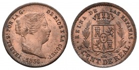 Isabel II (1833-1868). 5 céntimos de real. 1856. Segovia. (Cal 2008-613). Ae. 1,99 g. Pequeño exceso de metal en reverso. Restos de color original. EB...