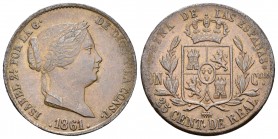Isabel II (1833-1868). 25 céntimos de real. 1861. Segovia. (Cal 2008-596). Ae. 9,31 g. Reverso girado 15º a la derecha. Golpecitos. MBC+. Est...40,00....