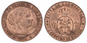 Isabel II (1833-1868). 1 céntimo de escudo. 1866. Barcelona. Sin OM. (Cal 2008-651). Ae. 2,54 g. EBC+. Est...30,00. // ENGLISH: Elizabeth II (1833-186...