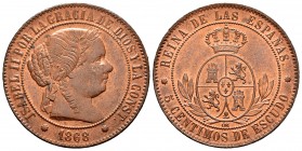 Isabel II (1833-1868). 5 céntimos de escudo. 1868. Barcelona. OM. (Cal 2019-246). Ae. 12,61 g. Restos de brillo original. EBC/EBC+. Est...100,00. // E...