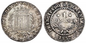 Isabel II (1833-1868). 1 peseta. 1837. Barcelona. PS. (Cal 2008-258). (Cal 2019-272). Ag. 5,87 g. Puntos en ensayadores. Escasa. MBC+. Est...170,00. /...