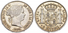 Isabel II (1833-1868). 2 escudos. 1868*18-68. Madrid. (Cal 2019-648). Ag. 26,07 g. Golpecitos en el canto. EBC-. Est...160,00. // ENGLISH: Elizabeth I...