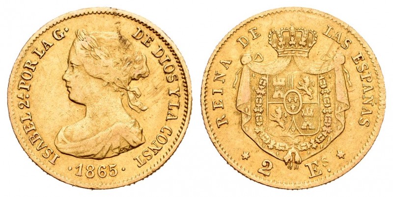 Isabel II (1833-1868). 2 escudos. 1865. Madrid. (Cal 2019-675). Au. 1,64 g. BC+....