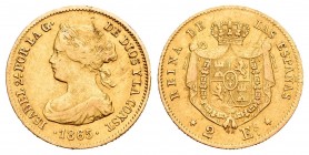 Isabel II (1833-1868). 2 escudos. 1865. Madrid. (Cal 2019-675). Au. 1,64 g. BC+. Est...80,00. // ENGLISH: Elizabeth II (1833-1868). 2 escudos. 1865. M...