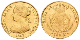 Isabel II (1833-1868). 100 reales. 1857. Barcelona. (Cal 2019-767). Au. 8,35 g. Rayas en anverso. MBC+. Est...250,00. // ENGLISH: Elizabeth II (1833-1...