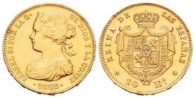 Isabel II (1833-1868). 10 escudos. 1868*18-68. Madrid. (Cal 2019-815). Au. 8,24 g. Golpecito en el canto. Fue utilizada como joya. MBC+. Est...230,00....