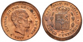 Alfonso XII (1874-1885). 5 céntimos. 1877. Barcelona. OM. (Cal 2019-4). Ae. 4,78 g. Acuñación desplazada. Brillo original. EBC+. Est...140,00. // ENGL...