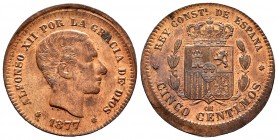 Alfonso XII (1874-1885). 5 céntimos. 1877. Barcelona. OM. (Cal 2019-4). Ae. 4,78 g. Acuñación desplazada. Brillo original. EBC+. Est...140,00. // ENGL...