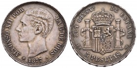 Alfonso XII (1874-1885). 5 pesetas. 1877*18-77. Madrid. DEM. (Cal 2019-38). Ag. 24,99 g. Tono. EBC-. Est...70,00. // ENGLISH: Centenary of the Peseta ...