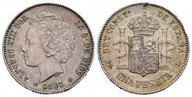Alfonso XIII (1886-1931). 1 peseta. 1893*18-93. Madrid. PGL. (Cal 2008-39). (Cal 2019-54). Ag. 5,03 g. Golpecito en el canto y hoja en reverso. Tono. ...