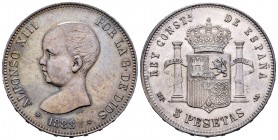 Alfonso XIII (1886-1931). 5 pesetas. 1888*18-88. Madrid. MPM. (Cal 2019-92). Ag. 25,05 g. Tono. EBC. Est...140,00. // ENGLISH: Centenary of the Peseta...