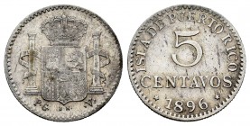 Alfonso XIII (1886-1931). 5 entavos de peso. 1896. Puerto Rico. PGV. (Cal 2008-86). (Cal 2019-124). Ag. 1,32 g. BC+/MBC-. Est...35,00. // ENGLISH: Cen...