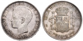 Alfonso XIII (1886-1931). 1 peso. 1895. Puerto Rico. PGV. (Cal 2019-128). Ag. 24,87 g. Golpecito en el canto. Muy escasa. MBC/MBC+. Est...500,00. // E...